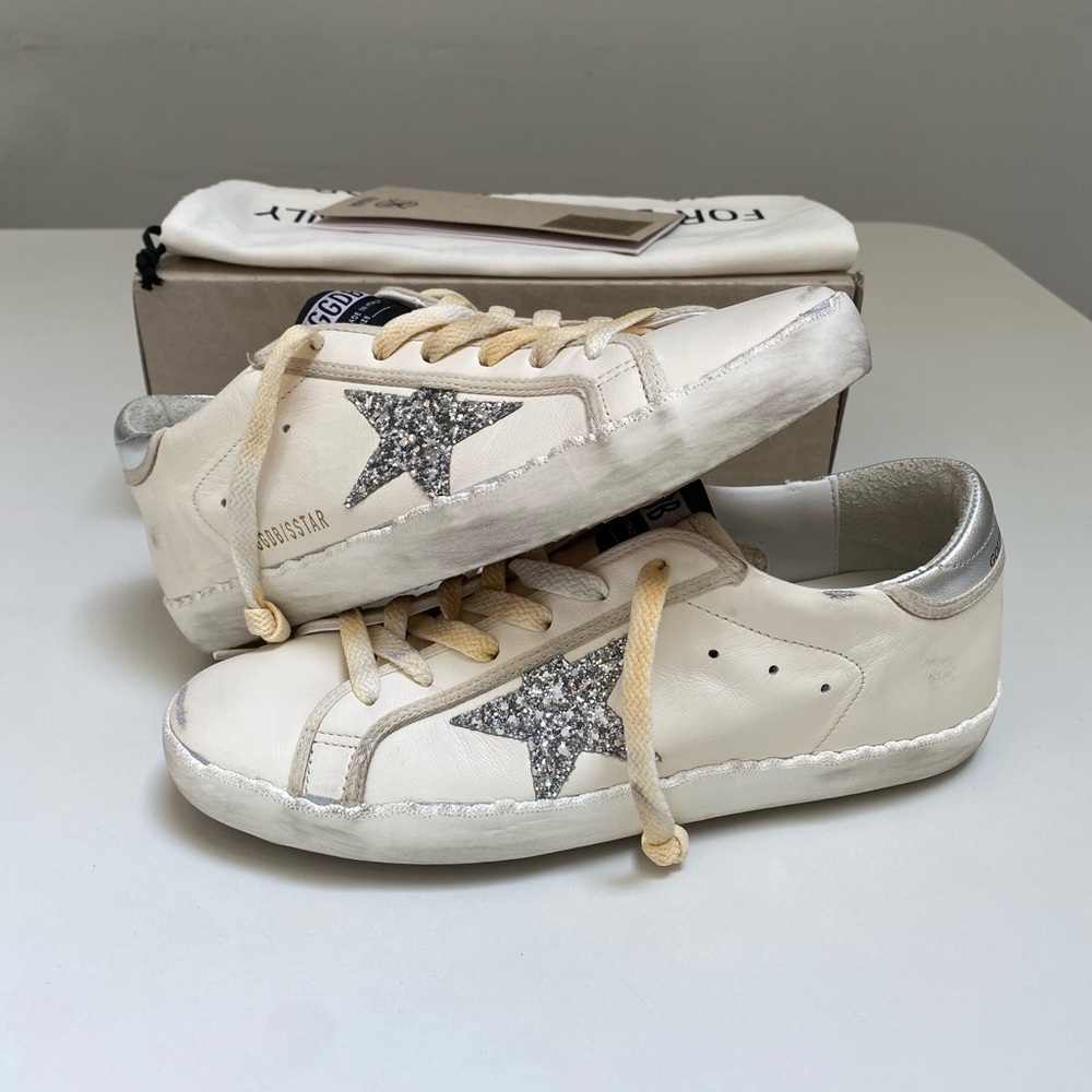 Golden Goose Superstar Sneaker in White Leather/Silver/Glitter Sz 40 New in Box - Picture 8 of 15